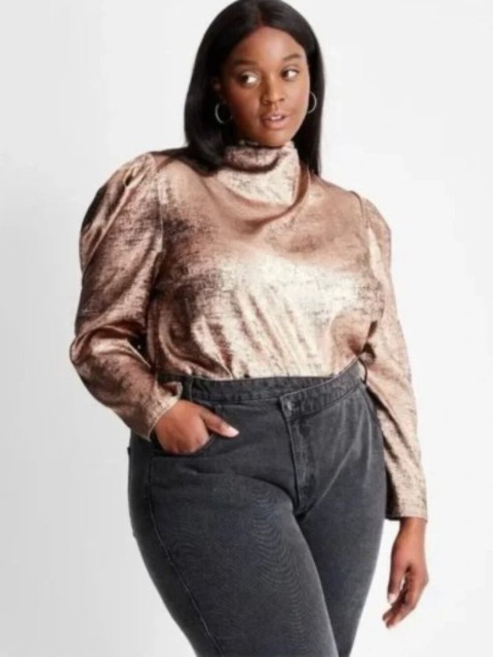 FUTURE COLLECTIVE puff Shoulder long Sleeve Mock Neck Blouse  Copper Size 1X